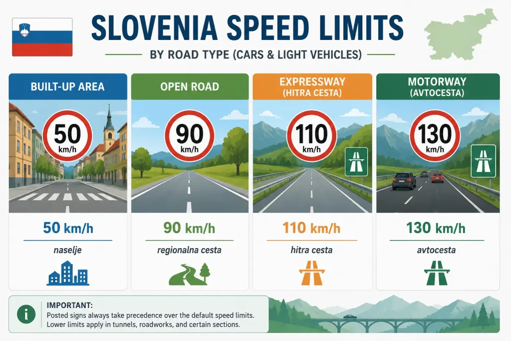 Infographic showing Slovenia speed limits by road type for cars: 50 km/h in built-up areas, 90 km/h on open roads, 110 km/h on expressways, and 130 km/h on motorways.