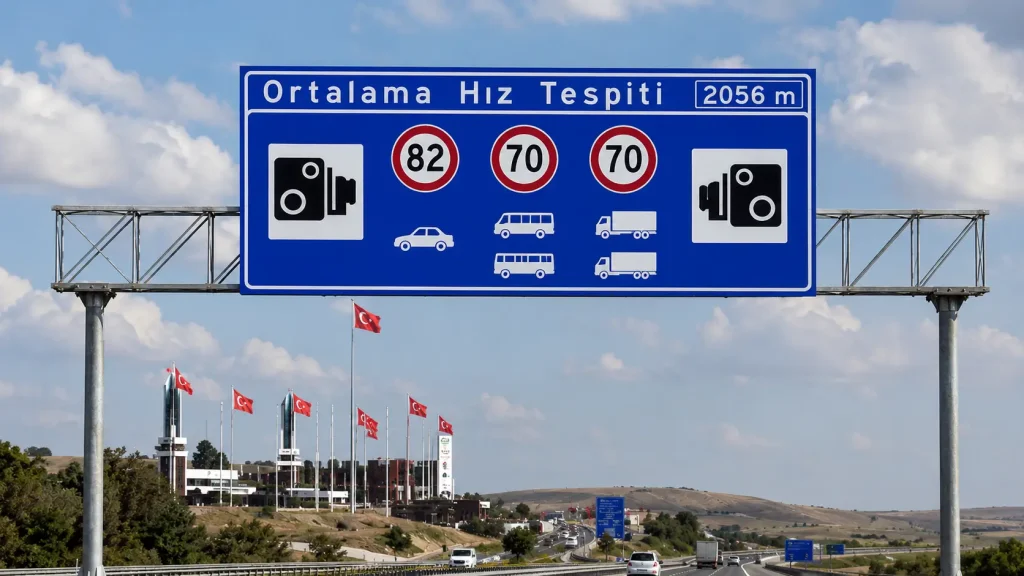 Overhead average speed enforcement sign on a Turkish highway showing speed limits for cars, buses, and trucks, with traffic cameras, Turkish flags, and an open road in the background.